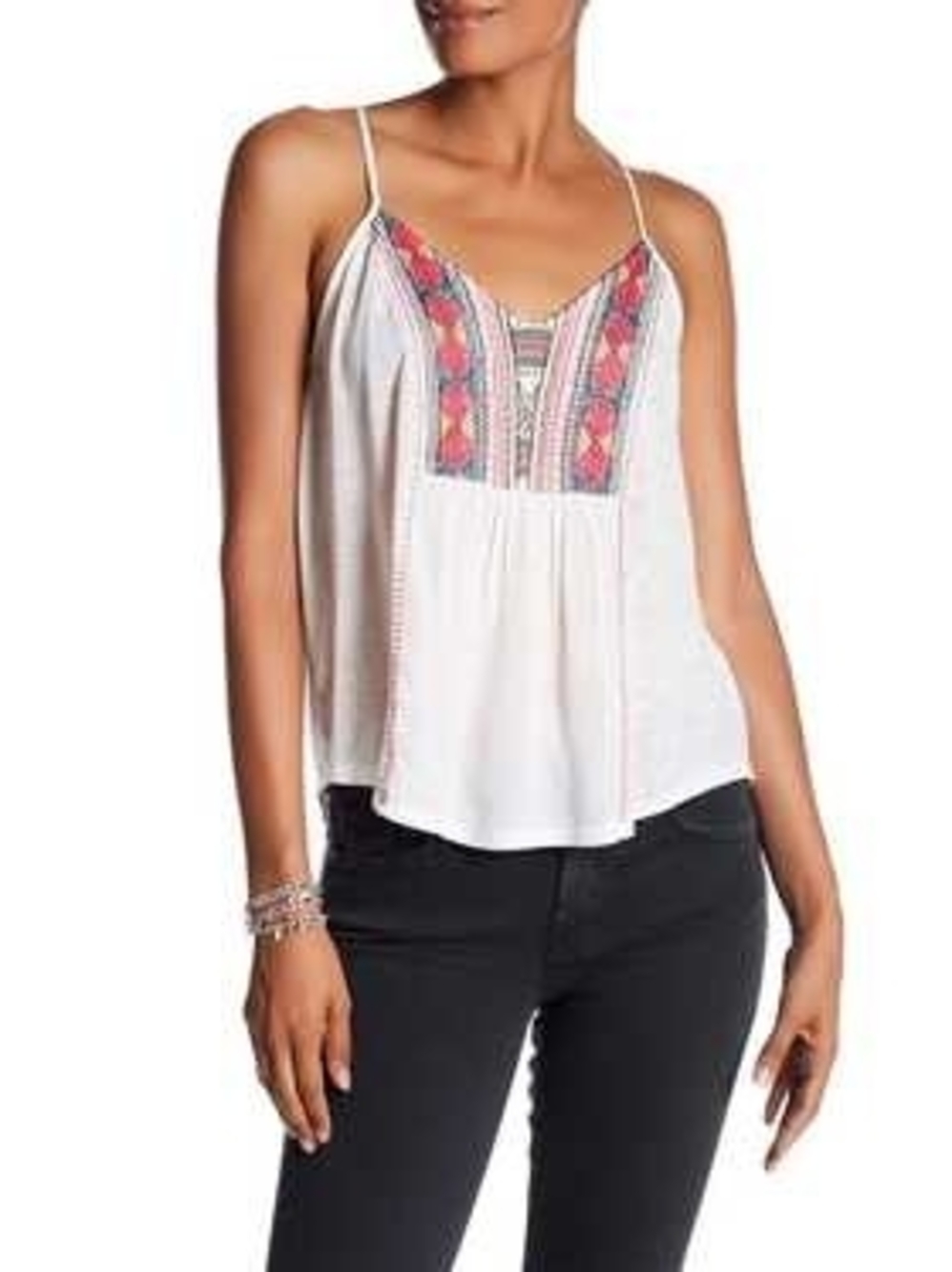 Lucky Brand White Spaghetti-Strap Embroidered V-Neck Tank